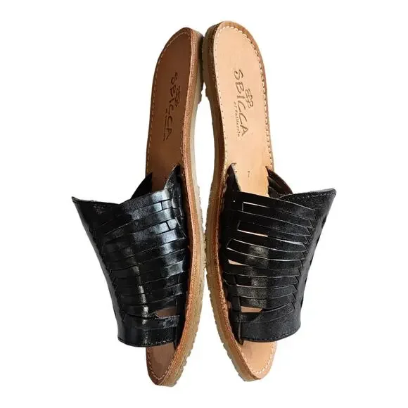 SBICCA Women's 7 Lawrin Woven Huarache Slide Sandal Black Leather Flats NEW - Picture 7 of 9